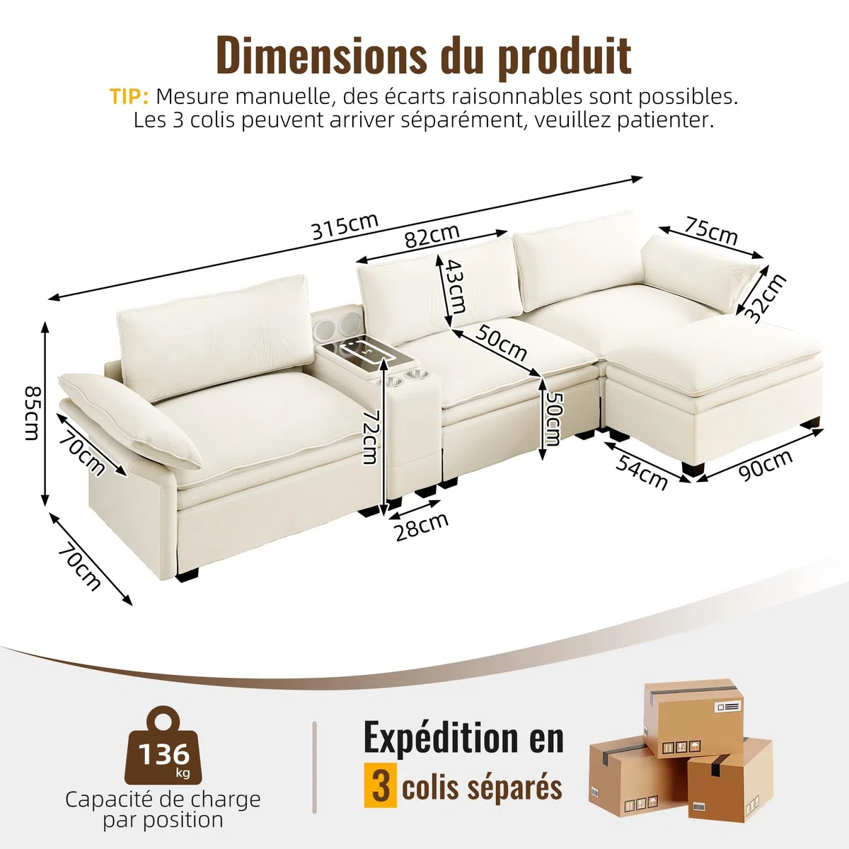Sofá modular de 315 cm con carga inalámbrica, altavoces, sofá esquinero en forma de L de 4 plazas con almacenamiento, iluminación y 2 portavasos, sofá en la nube con pufs, sofás de chenilla