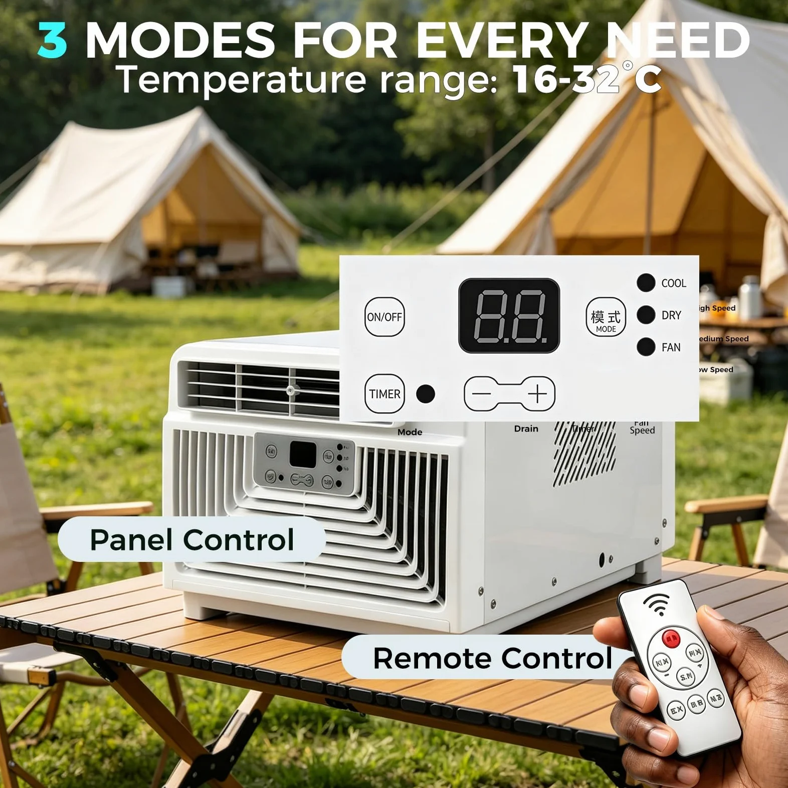 Climatizador Portátil Compacto para Camping (28x46x13 cm) – Aire Acondicionado 3400 BTU Sin Drenaje, Bajo Consumo 300W, con Asa Ergonómica, Mando y Temporizador para Tienda y Furgoneta