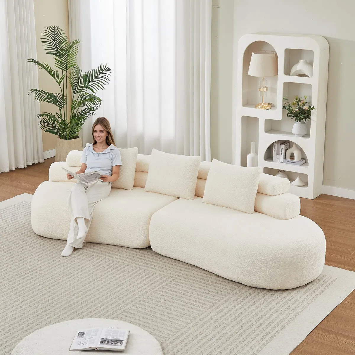 Bladez Sofá modular de 4 plazas, chenilla, curvado, color beige