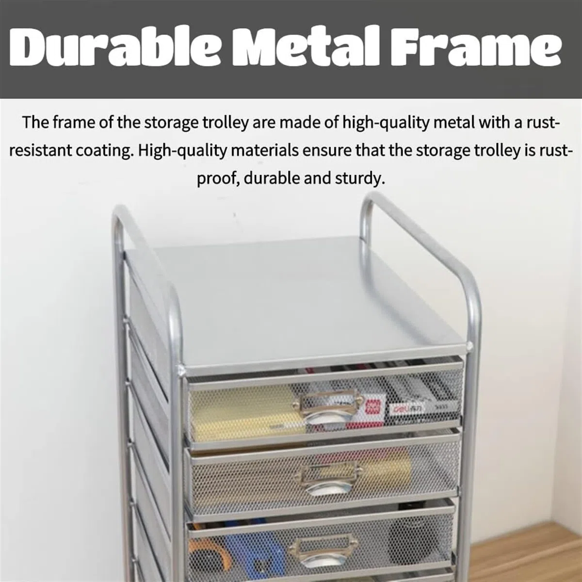 Carrito de Almacenamiento con Ruedas de Metal for Oficina y hogar, Organizador de 6 Niveles con 6 cajones y Ruedas bloqueables, Color Plateado(29x38x61cm (11.4"x15"x24"))
