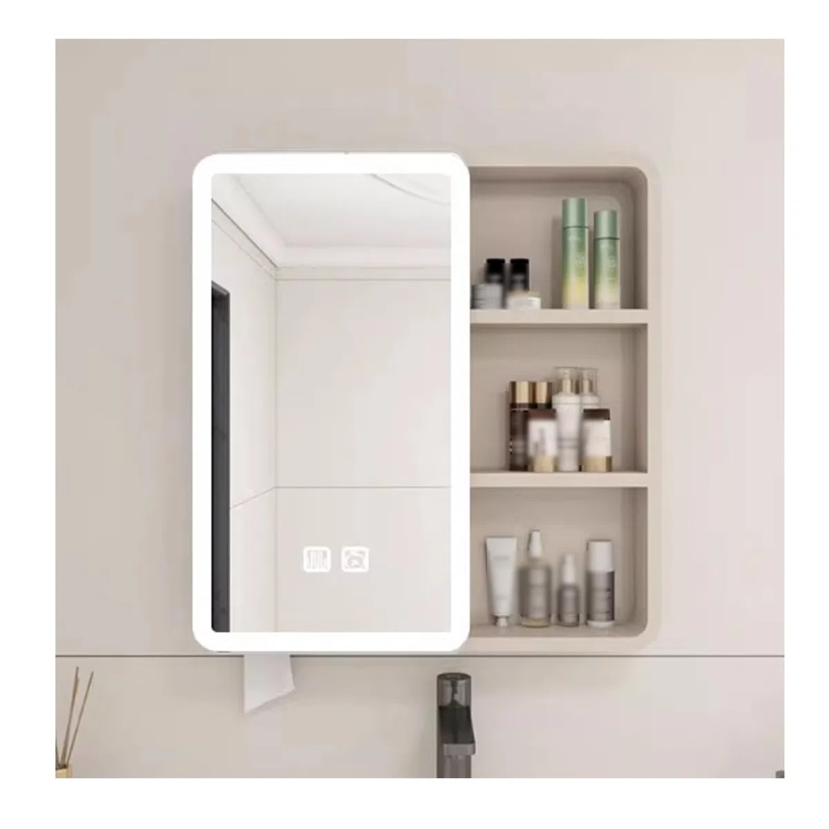 Armario de pared con espejo de baño con iluminación LED e interruptor táctil antivaho, acabado café, 70 cm, elegante solución de almacenamiento para baños modernos