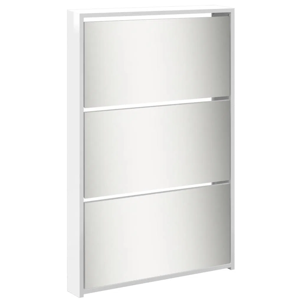 Zapatero con espejo con 5 compartimentos plegables, color blanco brillante para 15-20 pares de zapatos, volquete estrecho de madera para pasillo y entrada, 63 x 17 x 169,5 cm